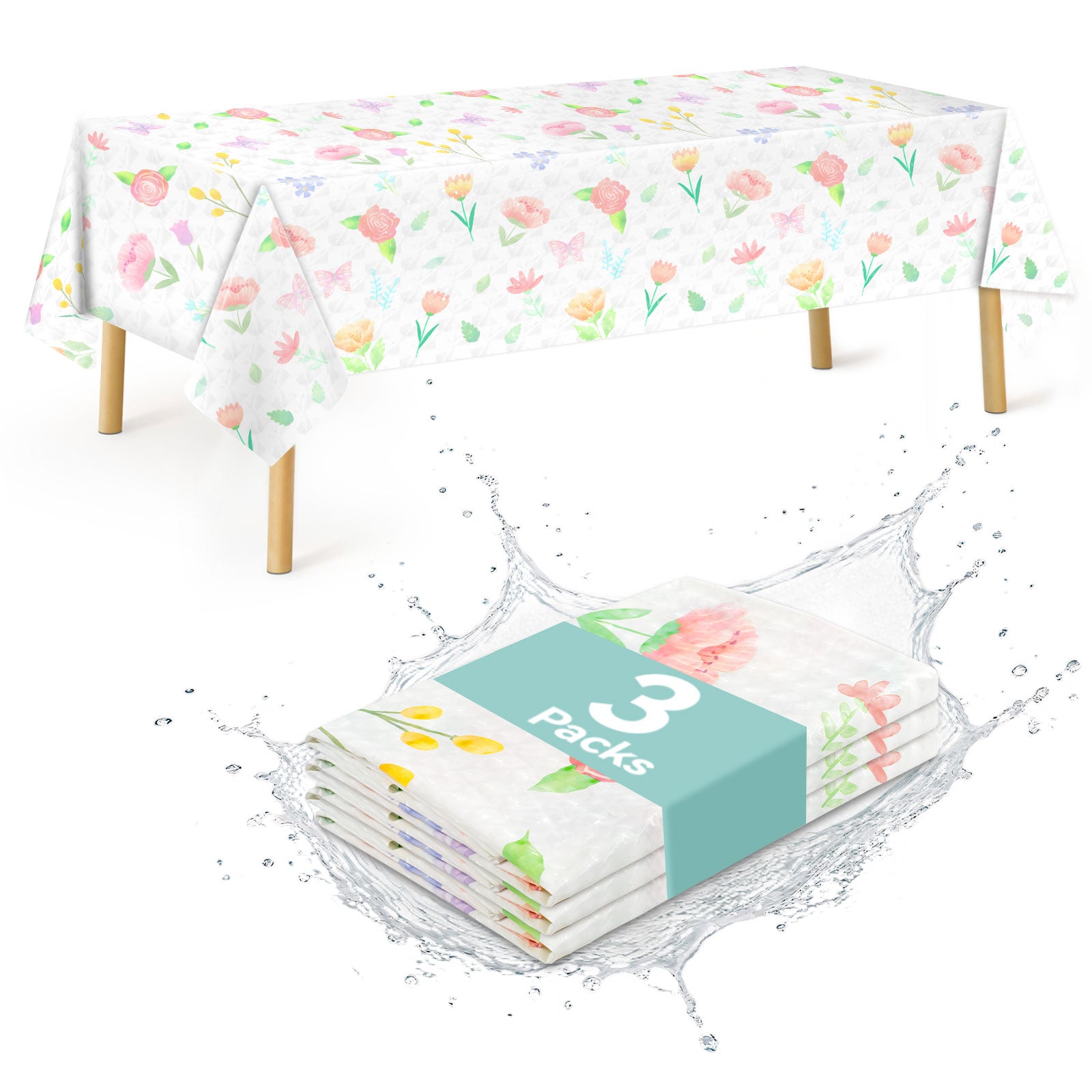 3 pieces 3D flower butterfly theme embossed print design, waterproof and oil-proof disposable plastic party tablecloth, suitable for birthday, party, anniversary, wedding party decoration 54 × 108 inches