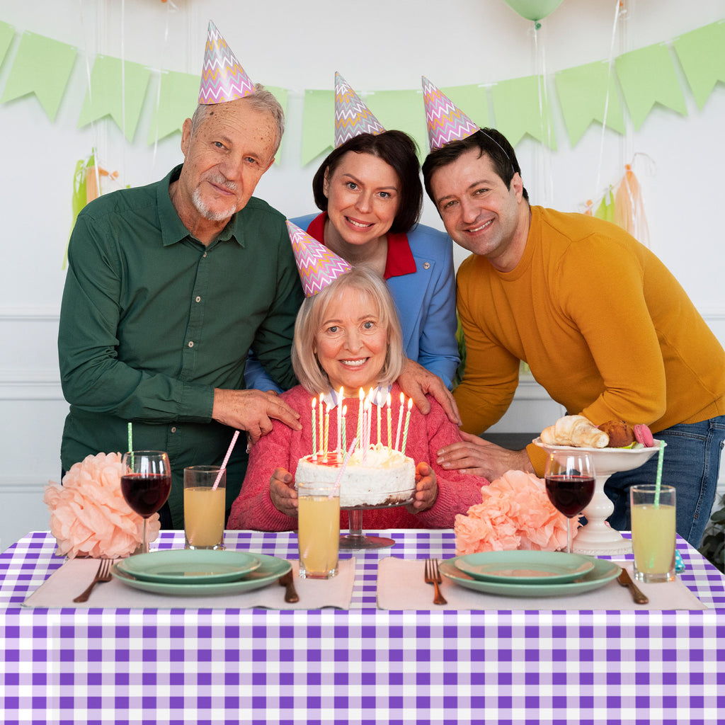 3 Piece Purple Checkered Tablecloth for Picnics, Disposable Plastic Tablecloths Suitable for Indoor and Outdoor Use, Birthdays, Father's Day, Picnic Party Supplies