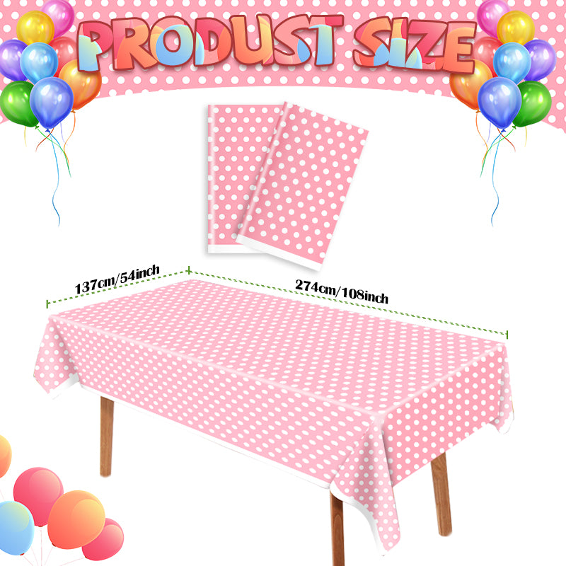 3 Pink Polka Dot Tablecloths – Disposable pink and white plastic tablecloths, perfect for outdoor picnics, birthday parties, gender reveal parties, and bridal shower party decorations.