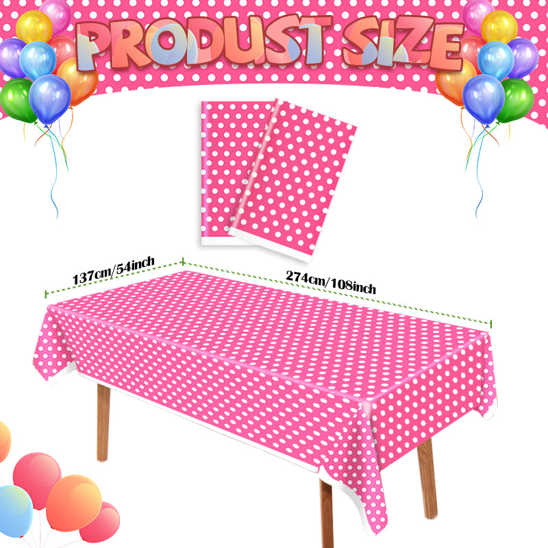 3 Piece Rose Pink Polka Dot Tablecloth - Disposable plastic rose pink and white tablecloths, suitable for outdoor picnics, birthdays, Mother's Day, gender reveal parties, bridal shower party decorations.
