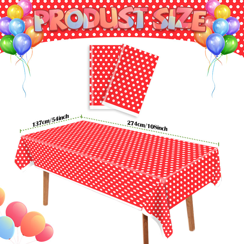 3 Piece Red Polka Dot Tablecloth - Disposable plastic red and white tablecloths, perfect for outdoor picnics, birthdays, Mother's Day, Christmas, bridal shower party decorations.