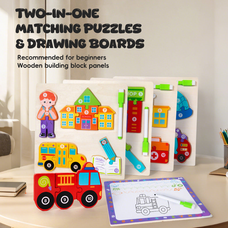 2 Piece Wooden 3D Puzzle Set - Includes drawing board and pen; features various designs including people, vehicles, and tools.