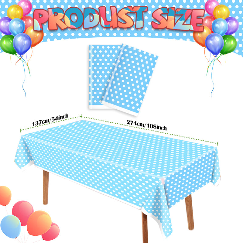 3 Piece Blue Polka Dot Tablecloth - Disposable plastic blue and white tablecloths, perfect for outdoor picnics, birthday parties, Mother's Day, bridal shower party decorations.