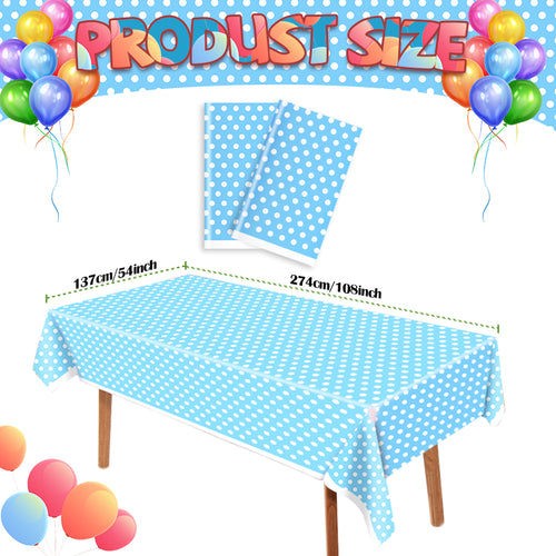 3 Piece Blue Polka Dot Tablecloth - Disposable plastic blue and white tablecloths, perfect for outdoor picnics, birthday parties, Mother's Day, bridal shower party decorations.