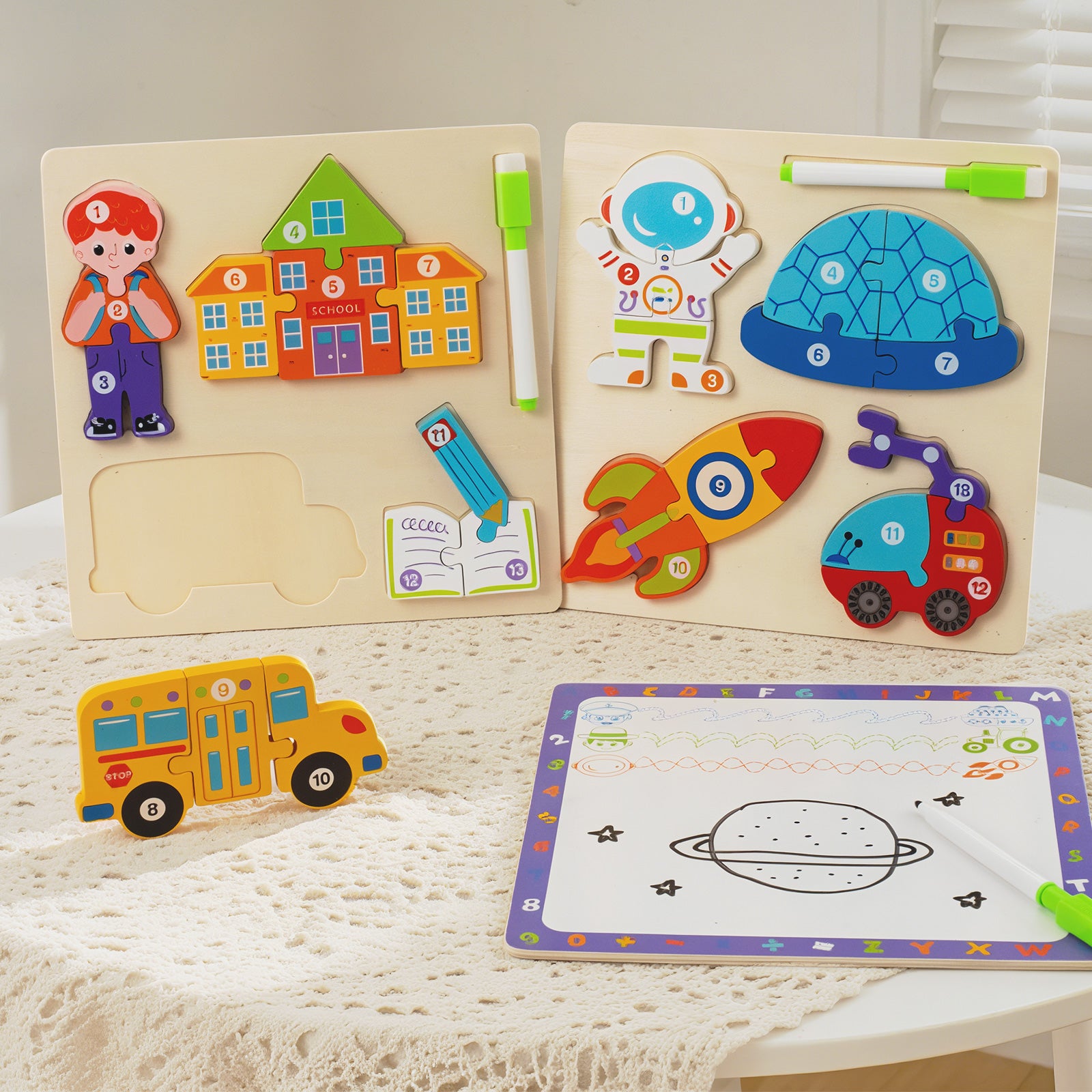 2 Piece Wooden 3D Puzzle Set - Includes drawing board and pen; features various designs including people, vehicles, and tools.