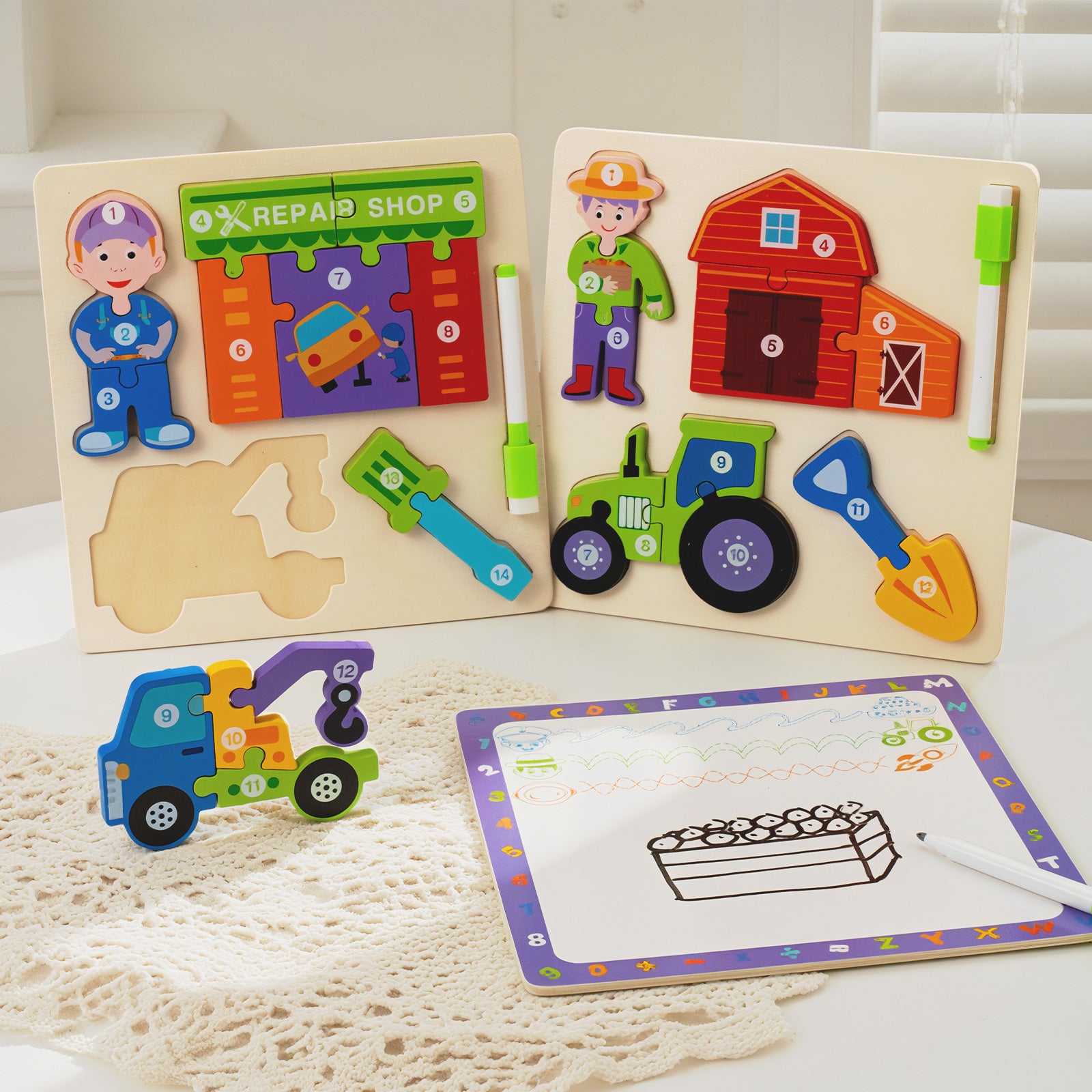 2 Piece Wooden 3D Puzzle Set - Includes drawing board and pen; features various designs including people, vehicles, and tools.