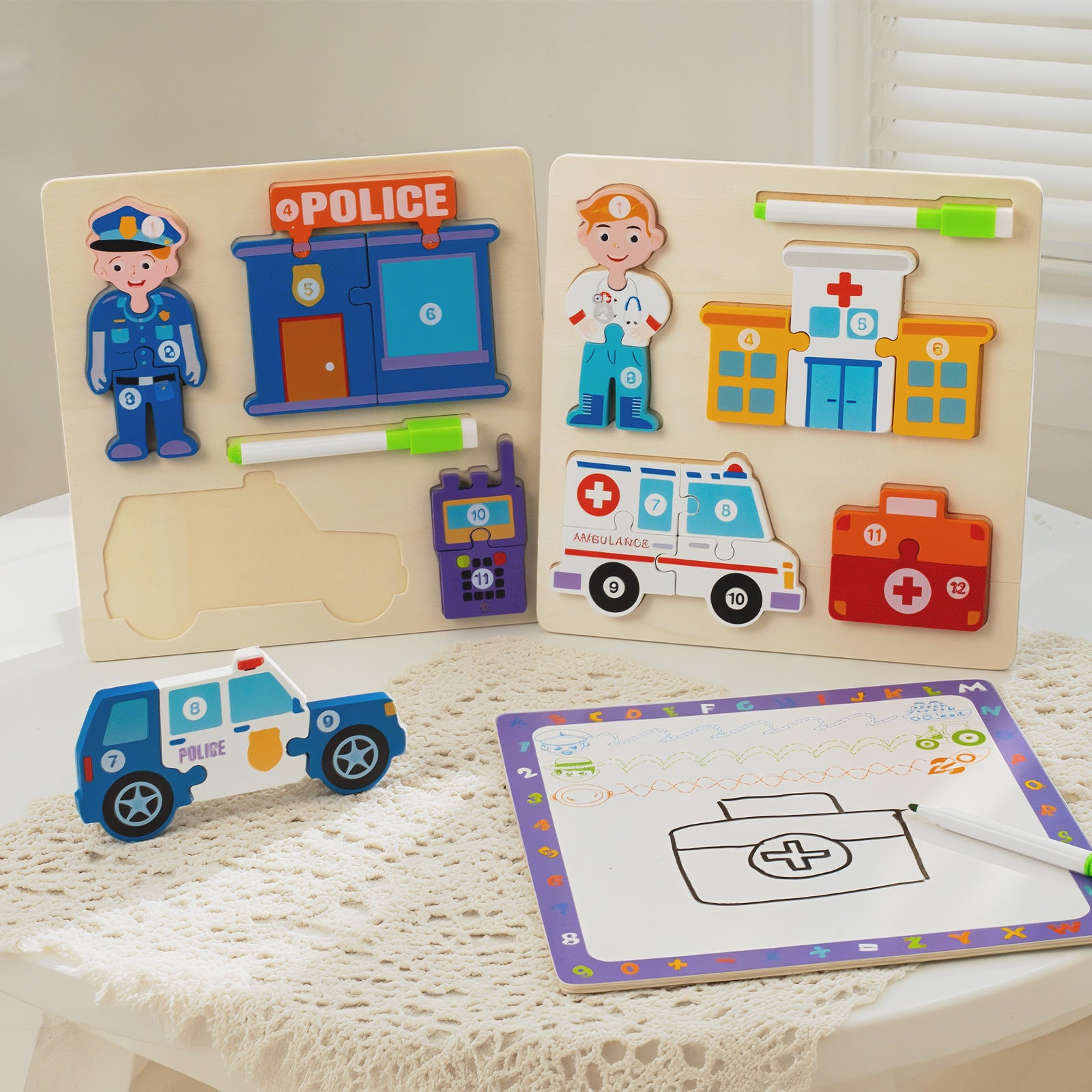 2 Piece Wooden 3D Puzzle Set - Includes drawing board and pen; features various designs including people, vehicles, and tools.