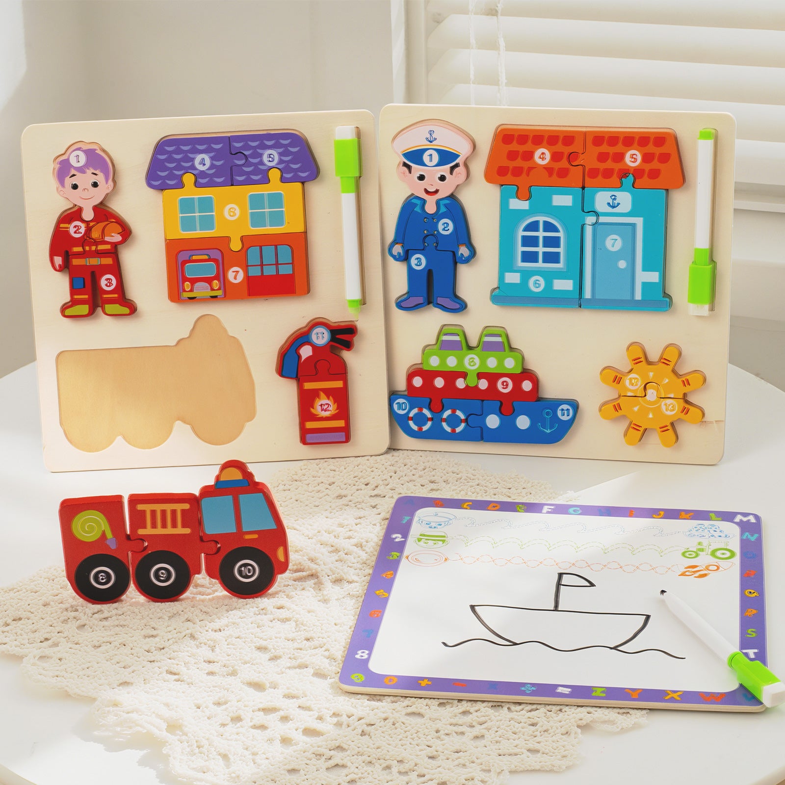 2 Piece Wooden 3D Puzzle Set - Includes drawing board and pen; features various designs including people, vehicles, and tools.