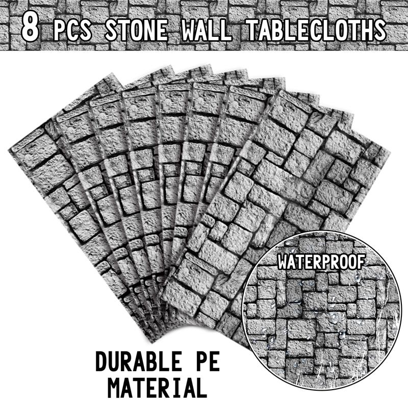 9 Pack Disposable Party Tablecloths, Stone Wall Print Design, 54 x 108 Inch Tablecloths, Disposable Plastic Brick Wall Decor, Medieval Castle Theme Brick Food Table Covers, Perfect for Halloween Birthday Parties and Home Decor.