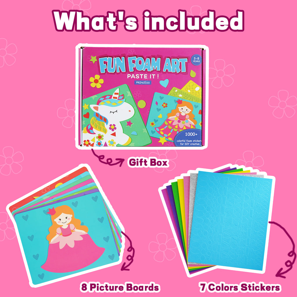 DIY Mosaic Princess Foam Stickers - Art Crafts, No Messy Art Activities - Fun Foam Princess Sticker Art Craft Kit, a great gift for boys and girls.