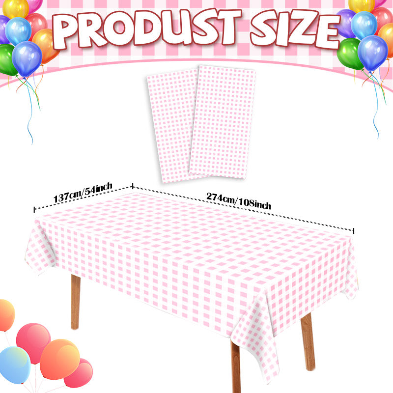 3 Piece Pink and White Checkered Picnic Tablecloth - Disposable checkered tablecloths, buffalo check, rectangular party tablecloths, suitable for picnics, farm birthdays, parties, weddings, barbecues.