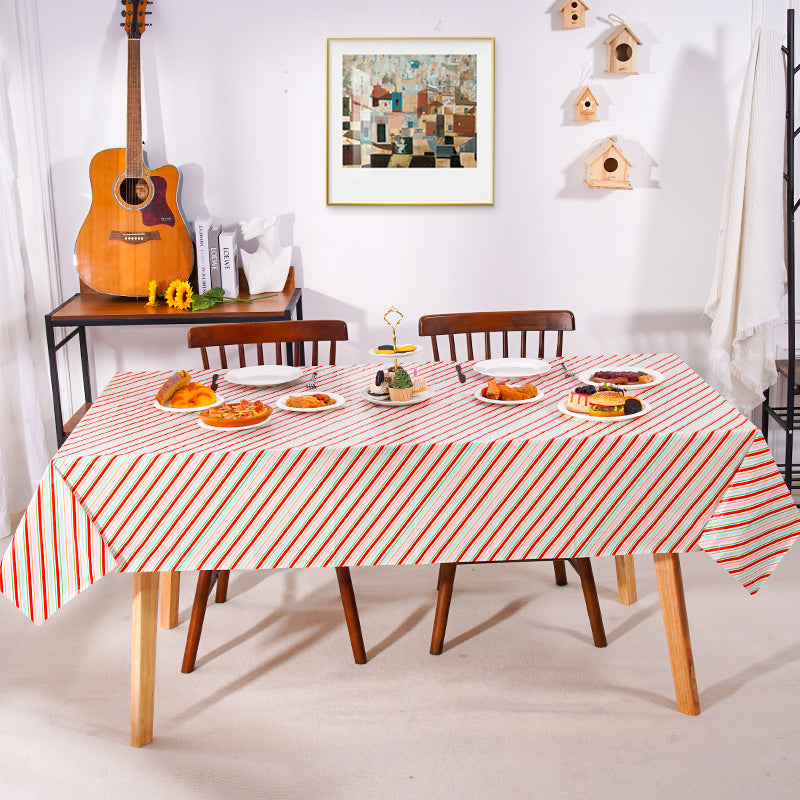 3 piece color-blocked striped tablecloth set. These disposable plastic tablecloths feature diagonal stripes in pink, red, blue, yellow, and green watercolor patterns, suitable for birthday parties, wedding parties, and Easter party decorations.