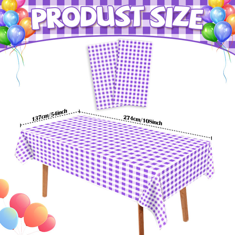 3 Piece Purple Checkered Tablecloth for Picnics, Disposable Plastic Tablecloths Suitable for Indoor and Outdoor Use, Birthdays, Father's Day, Picnic Party Supplies