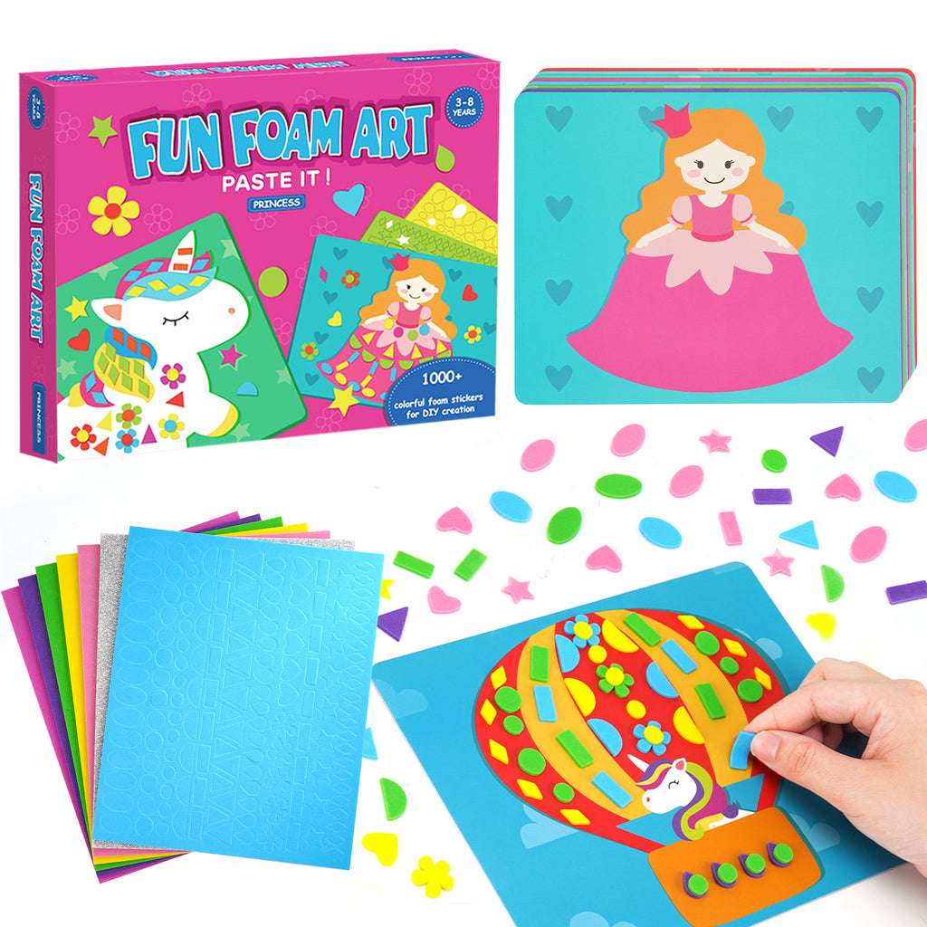 DIY Mosaic Princess Foam Stickers - Art Crafts, No Messy Art Activities - Fun Foam Princess Sticker Art Craft Kit, a great gift for boys and girls.