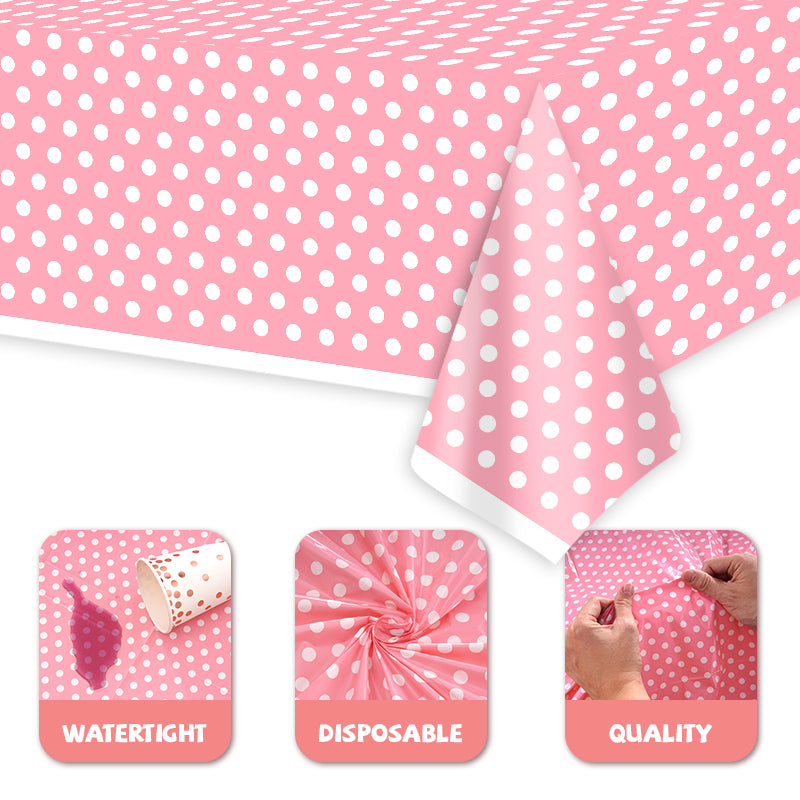 3 Pink Polka Dot Tablecloths – Disposable pink and white plastic tablecloths, perfect for outdoor picnics, birthday parties, gender reveal parties, and bridal shower party decorations.