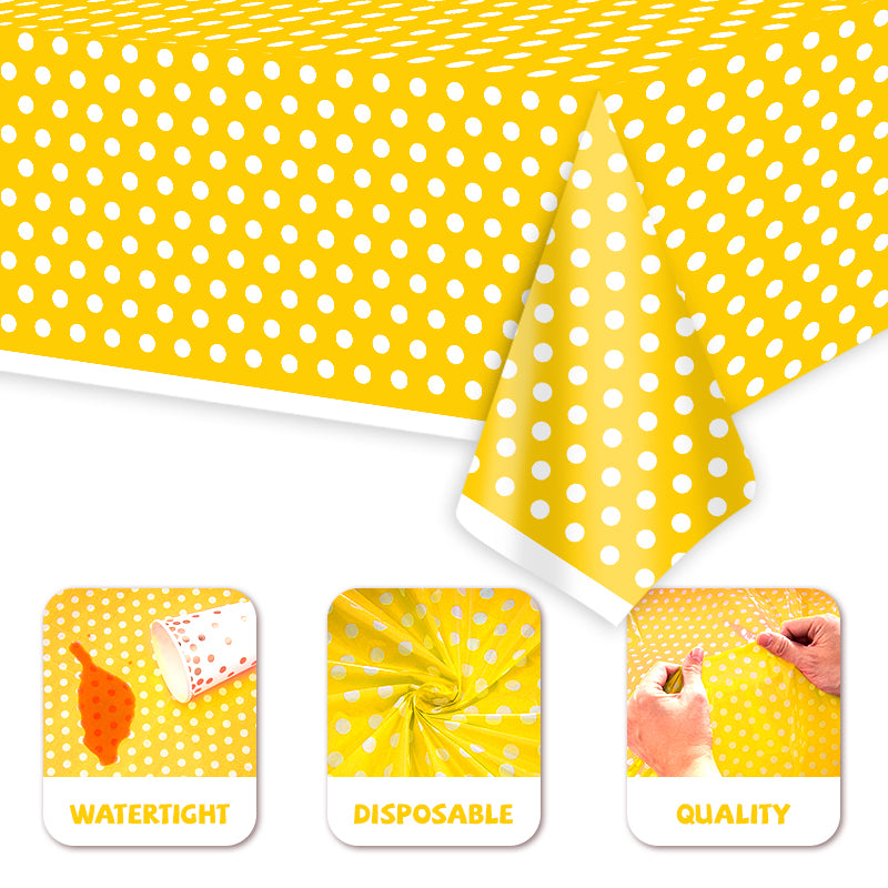 3 Yellow and White Polka Dot Tablecloths - Disposable Plastic Tablecloths, Waterproof Yellow Polka Dot Camping Tablecloths, Suitable for Spring, Birthdays, Parties, Picnics, School, and Wedding Party Decorations