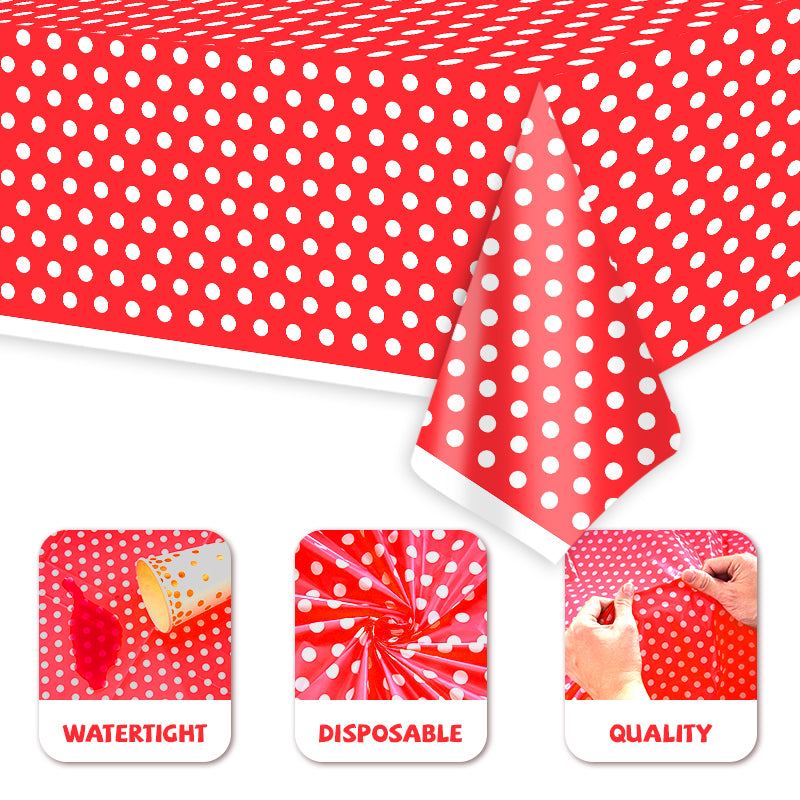 3 Piece Red Polka Dot Tablecloth - Disposable plastic red and white tablecloths, perfect for outdoor picnics, birthdays, Mother's Day, Christmas, bridal shower party decorations.