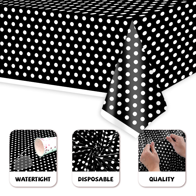 3 piece black and white polka dot tablecloth set, 54x108 inch plastic tablecloth, suitable for birthday parties, Thanksgiving, weddings, Mother's Day, back-to-school events, graduation ceremonies, mini mouse party decorations (black + white polka dots).