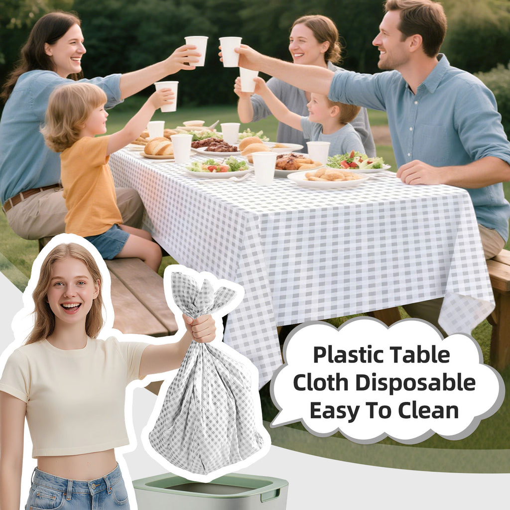 3 Piece Silver Checkered Plastic Rectangular Tablecloth - Silver and white checkered pattern, 54 x 108 inches, perfect for weddings, birthday parties.