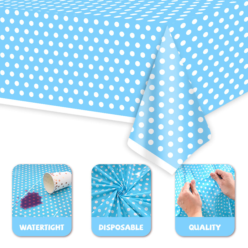 3 Piece Blue Polka Dot Tablecloth - Disposable plastic blue and white tablecloths, perfect for outdoor picnics, birthday parties, Mother's Day, bridal shower party decorations.