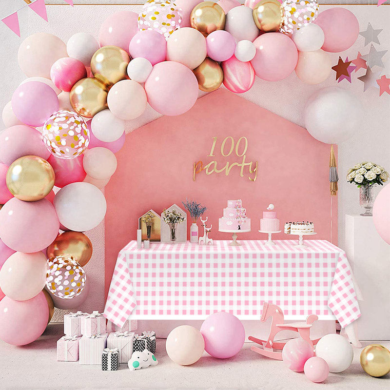 3 Piece Pink and White Checkered Picnic Tablecloth - Disposable checkered tablecloths, buffalo check, rectangular party tablecloths, suitable for picnics, farm birthdays, parties, weddings, barbecues.