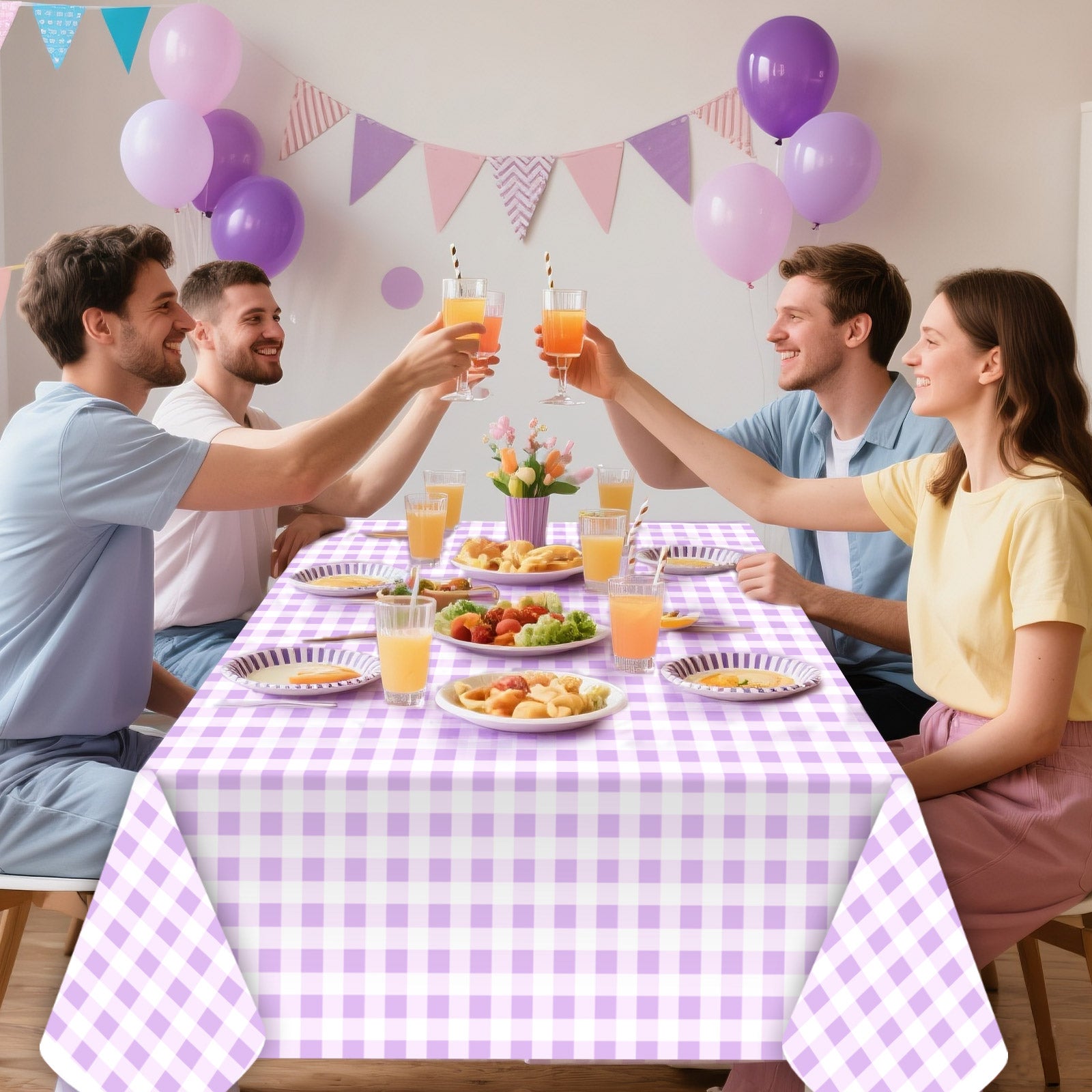 3 Piece Light Purple&White Checkered Picnic Tablecloth - Disposable checkered tablecloths, buffalo check, rectangular party tablecloths, suitable for Father's Day, picnics, farm birthdays, parties, weddings, barbecues.