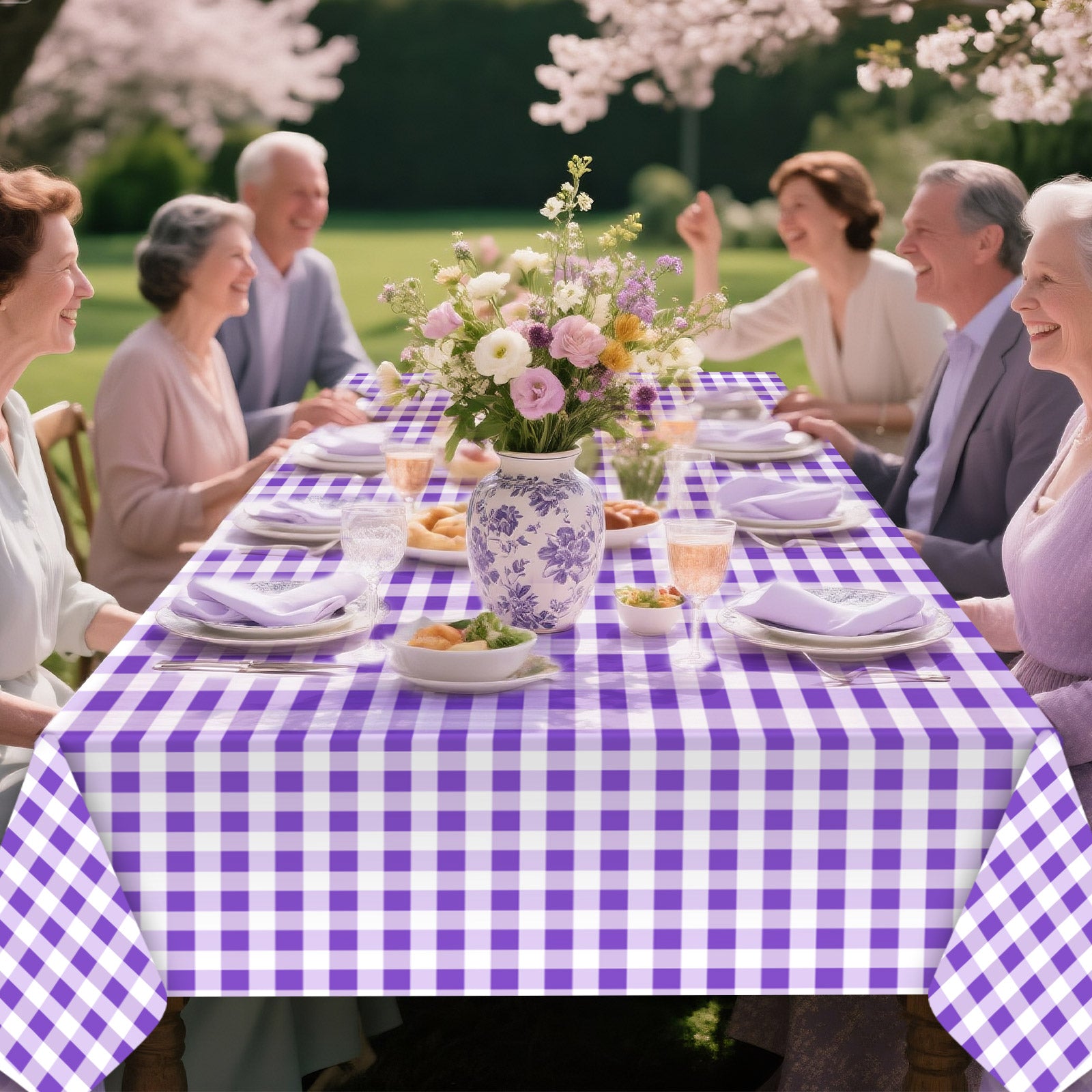 3 Piece Purple Checkered Tablecloth for Picnics, Disposable Plastic Tablecloths Suitable for Indoor and Outdoor Use, Birthdays, Father's Day, Picnic Party Supplies