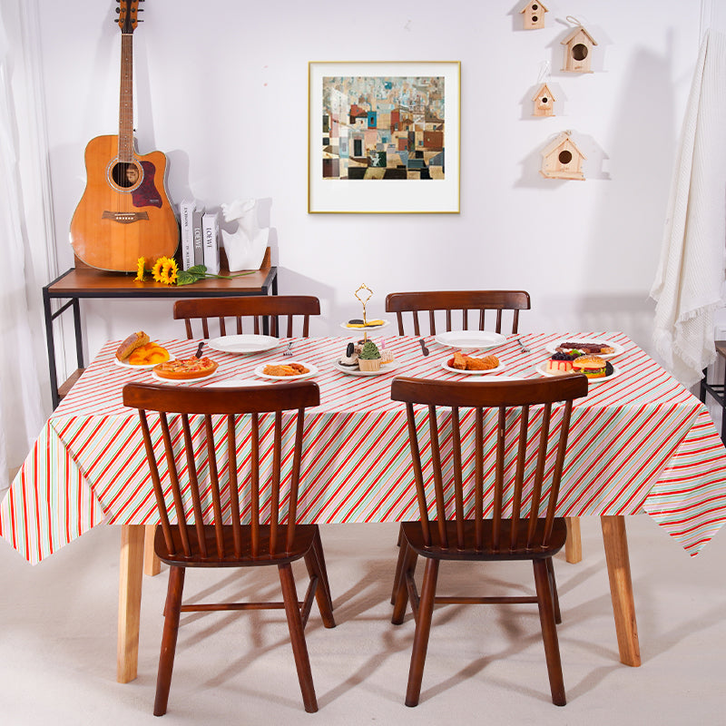 3 piece color-blocked striped tablecloth set. These disposable plastic tablecloths feature diagonal stripes in pink, red, blue, yellow, and green watercolor patterns, suitable for birthday parties, wedding parties, and Easter party decorations.