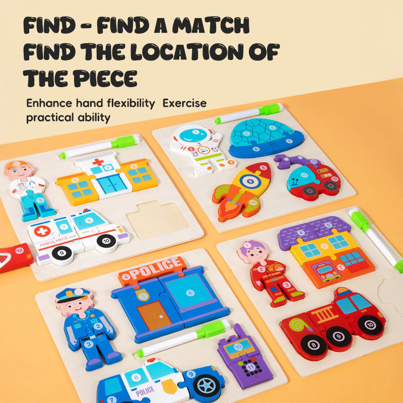 2 Piece Wooden 3D Puzzle Set - Includes drawing board and pen; features various designs including people, vehicles, and tools.