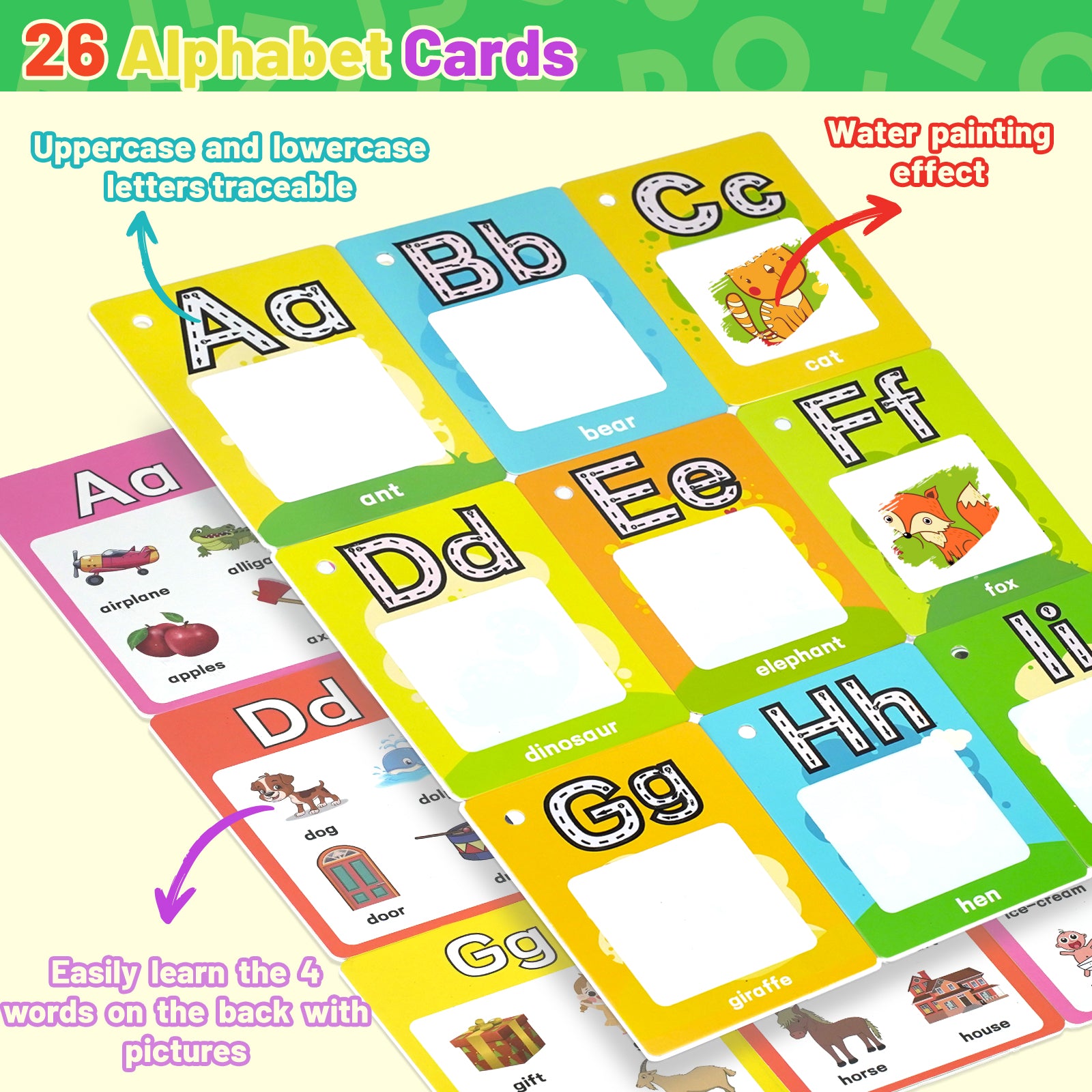 Watercolor Alphabet Cards - Watercolor Identification Cards, featuring the 26 ABC letters, an educational toy and gift suitable for boys and girls aged 3-6.
