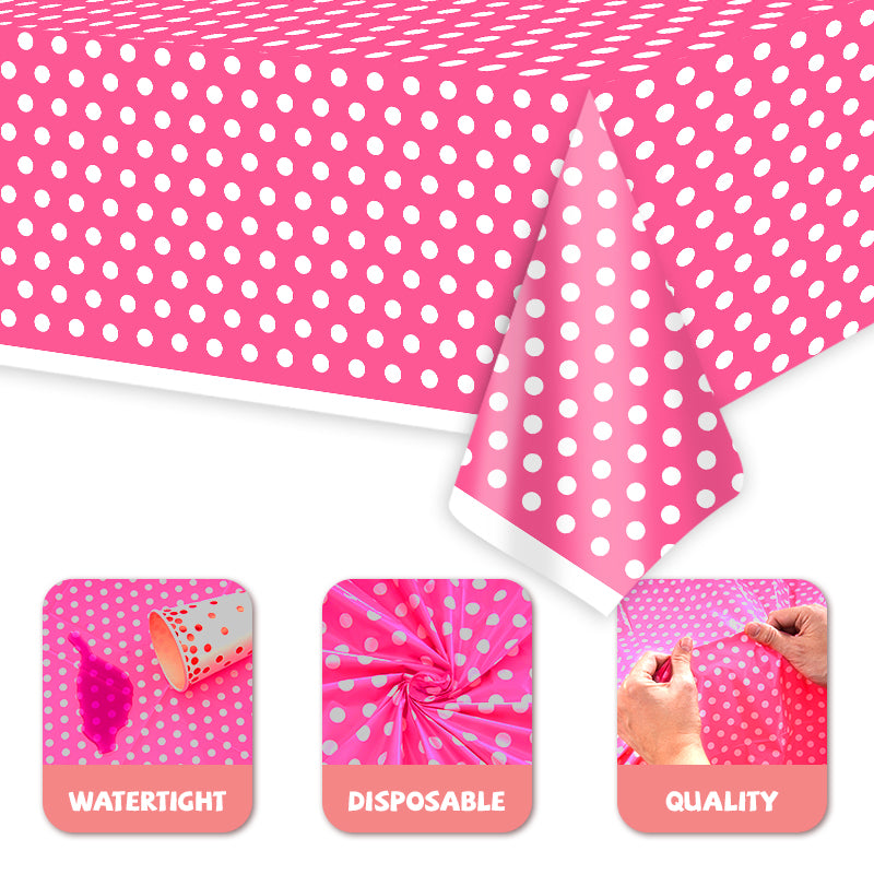 3 Piece Rose Pink Polka Dot Tablecloth - Disposable plastic rose pink and white tablecloths, suitable for outdoor picnics, birthdays, Mother's Day, gender reveal parties, bridal shower party decorations.