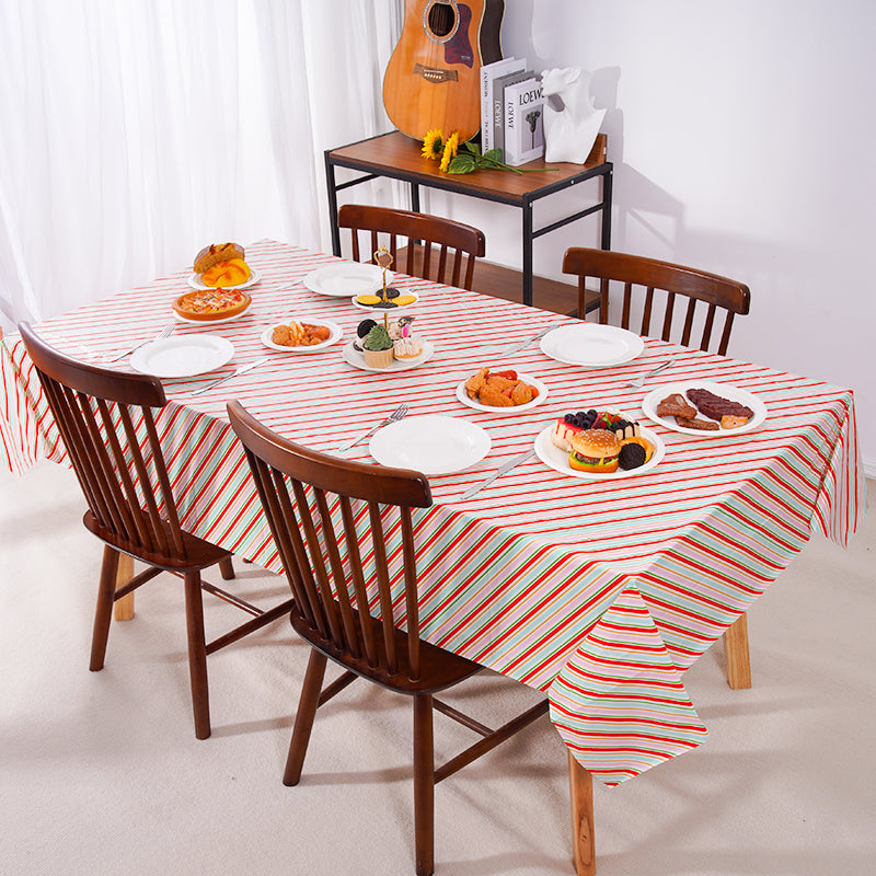 3 piece color-blocked striped tablecloth set. These disposable plastic tablecloths feature diagonal stripes in pink, red, blue, yellow, and green watercolor patterns, suitable for birthday parties, wedding parties, and Easter party decorations.