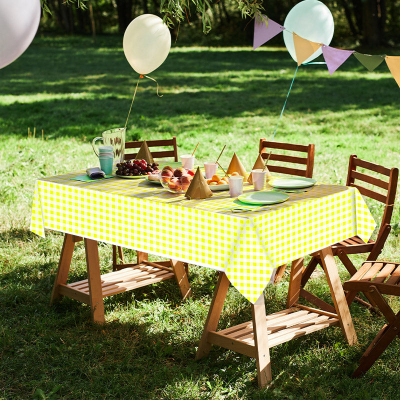 3 pieces fluorescent yellow and white plaid design for picnics, Mother's Day, anniversaries, birthdays BBQ, food table covers, disposable plastic party tablecloths party supplies 54 x 108 inches