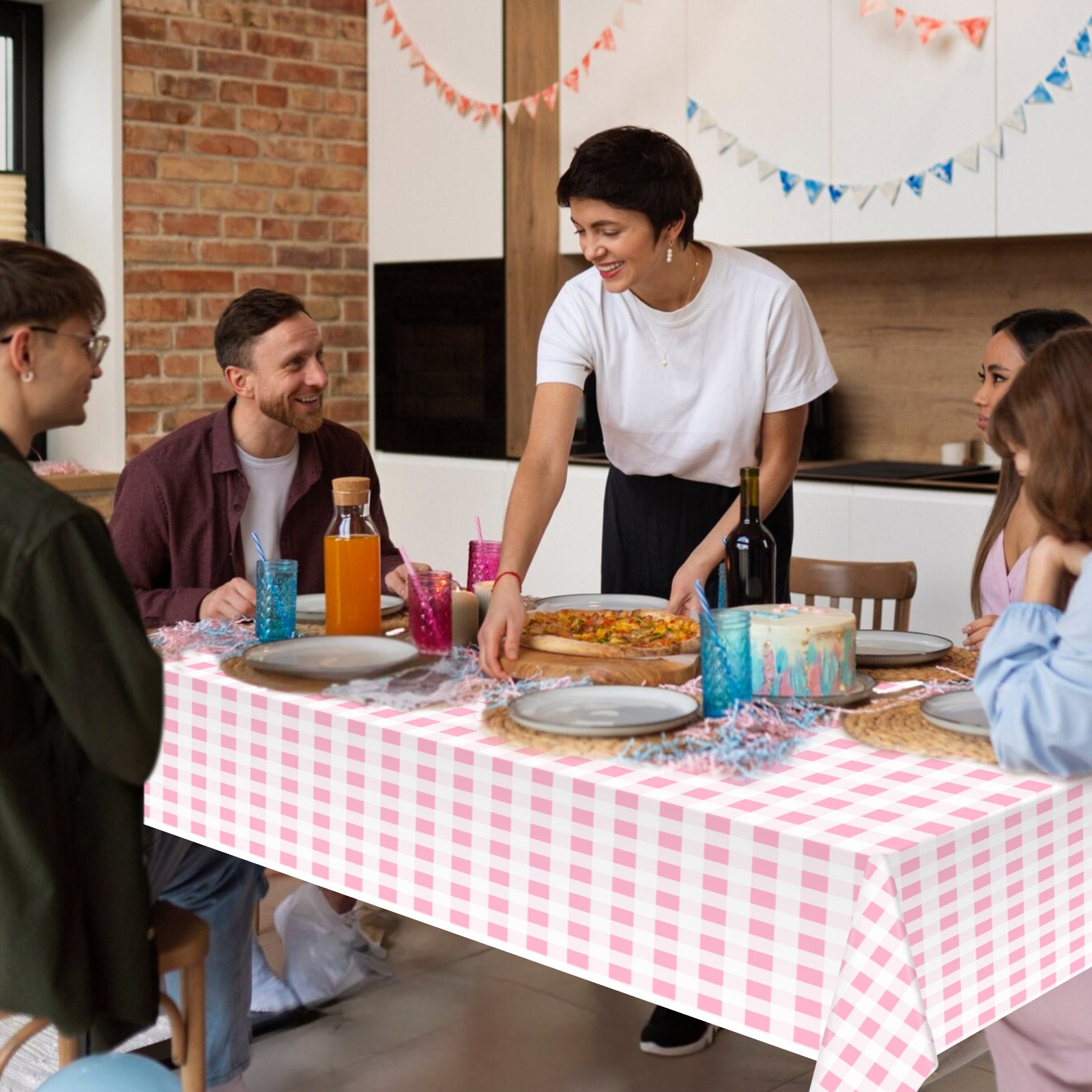 3 Piece Pink and White Checkered Picnic Tablecloth - Disposable checkered tablecloths, buffalo check, rectangular party tablecloths, suitable for picnics, farm birthdays, parties, weddings, barbecues.