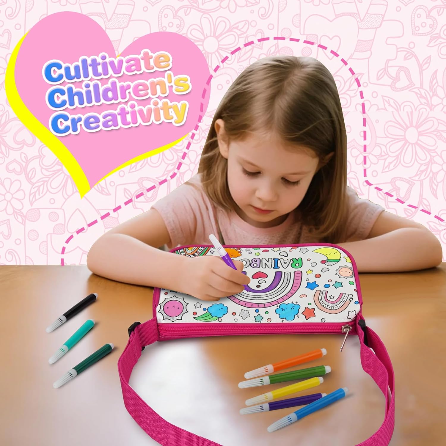 DIY Party Graffiti Bag, Coloring Tote Bag with 12 Colored Pencils, Art and Craft Set, Gift for a Girl