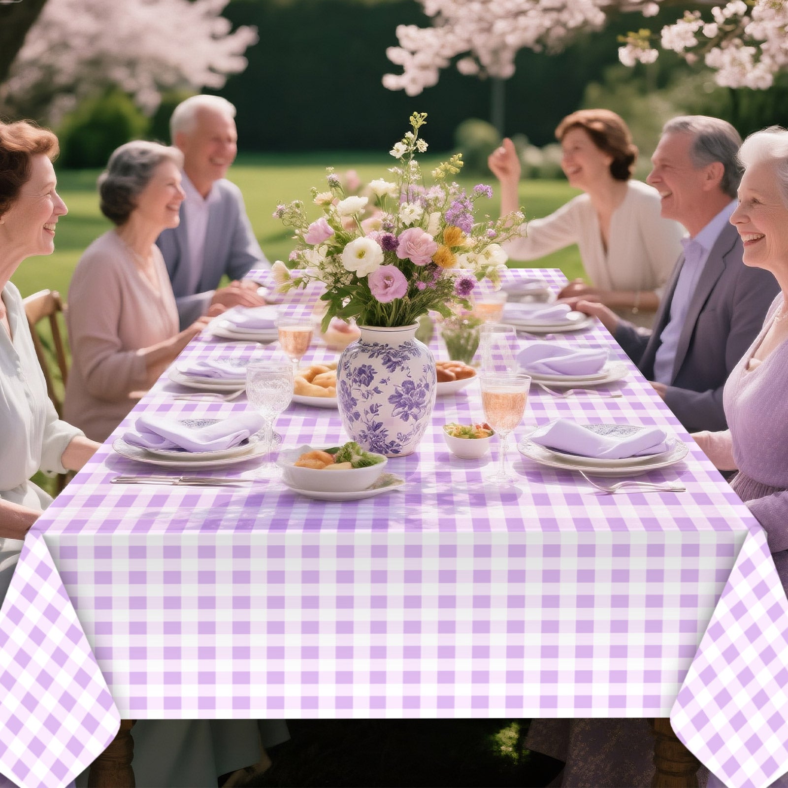 3 Piece Light Purple&White Checkered Picnic Tablecloth - Disposable checkered tablecloths, buffalo check, rectangular party tablecloths, suitable for Father's Day, picnics, farm birthdays, parties, weddings, barbecues.