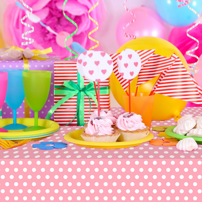 3 Pink Polka Dot Tablecloths – Disposable pink and white plastic tablecloths, perfect for outdoor picnics, birthday parties, gender reveal parties, and bridal shower party decorations.