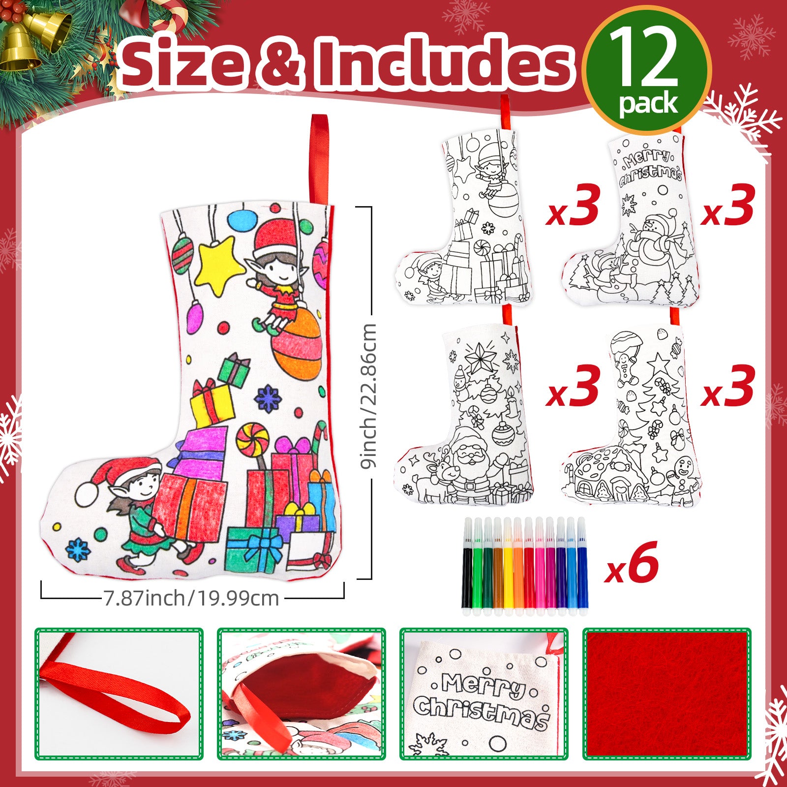 12 Piece DIY Colorful Christmas Stocking Set, Christmas Stocking Craft Kit, Christmas Stocking Gift, Suitable for Adults, Families, and Holiday Party Decorations