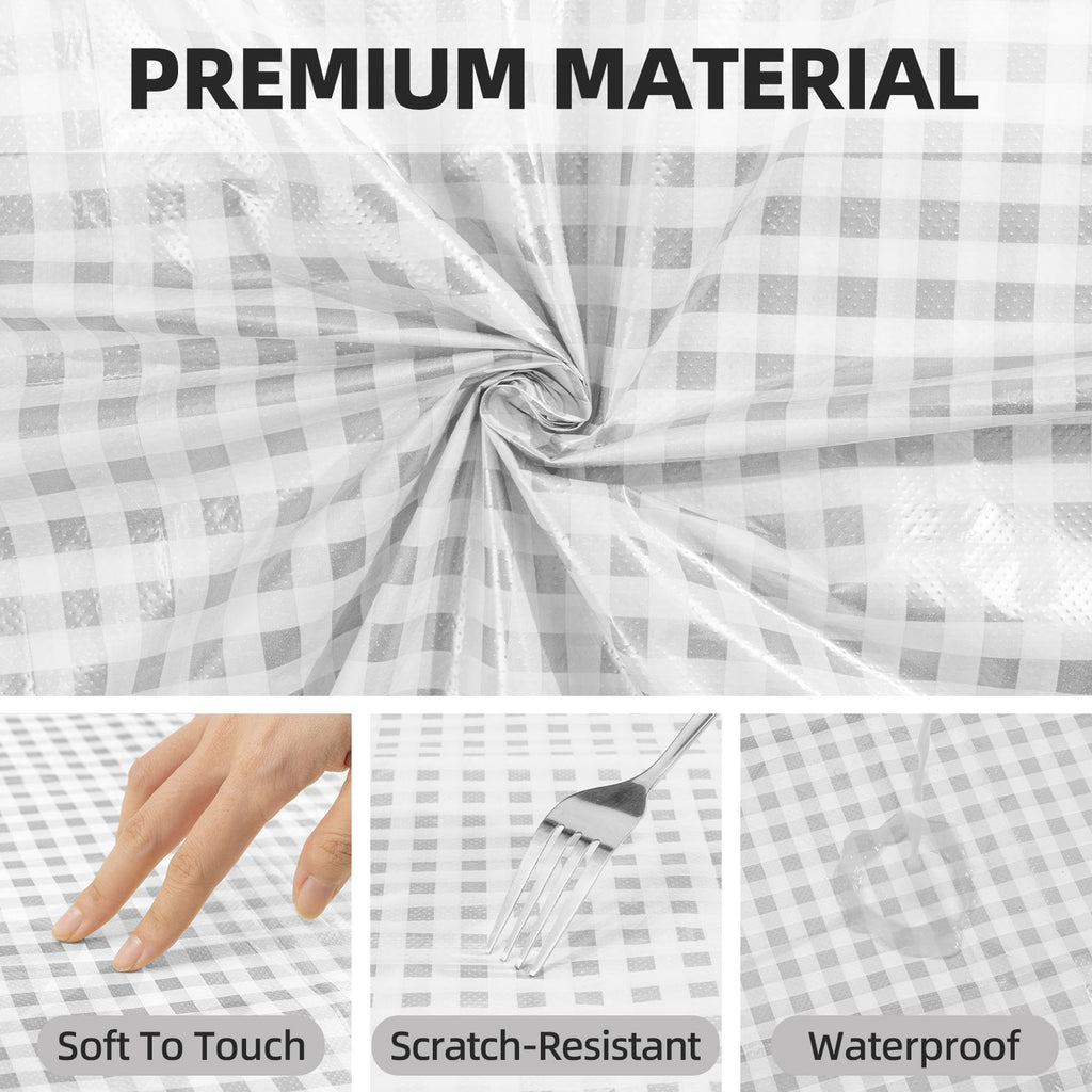 3 Piece Silver Checkered Plastic Rectangular Tablecloth - Silver and white checkered pattern, 54 x 108 inches, perfect for weddings, birthday parties.