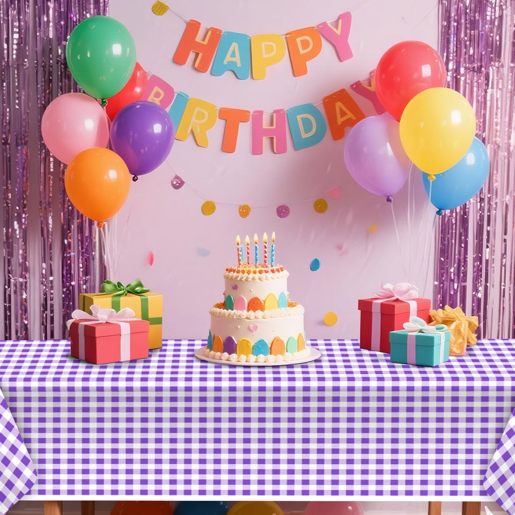 3 Piece Purple Checkered Tablecloth for Picnics, Disposable Plastic Tablecloths Suitable for Indoor and Outdoor Use, Birthdays, Father's Day, Picnic Party Supplies