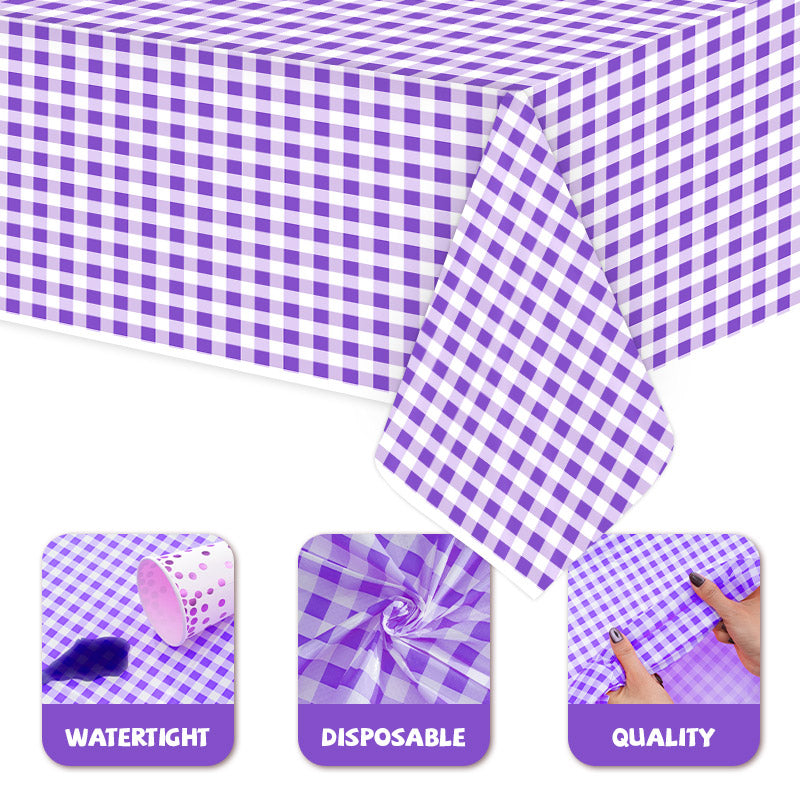 3 Piece Purple Checkered Tablecloth for Picnics, Disposable Plastic Tablecloths Suitable for Indoor and Outdoor Use, Birthdays, Father's Day, Picnic Party Supplies