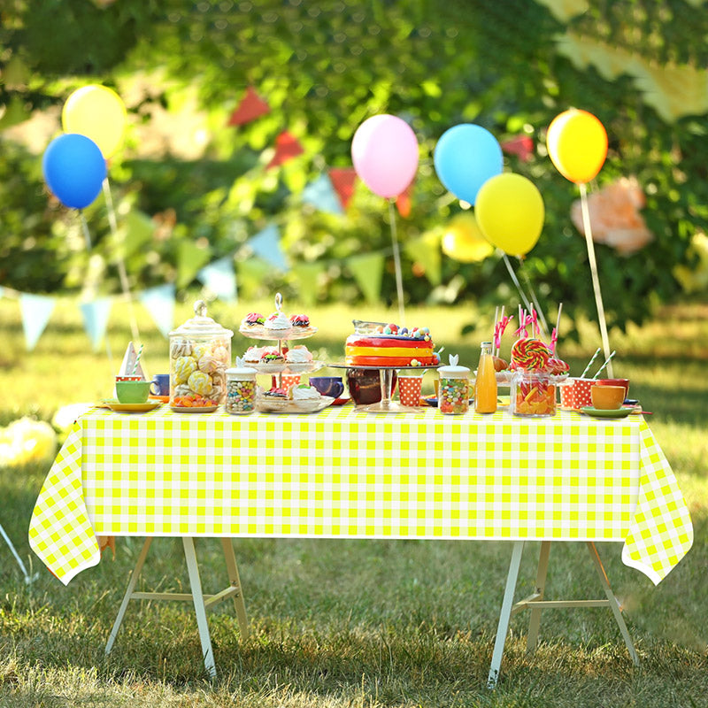 3 pieces fluorescent yellow and white plaid design for picnics, Mother's Day, anniversaries, birthdays BBQ, food table covers, disposable plastic party tablecloths party supplies 54 x 108 inches