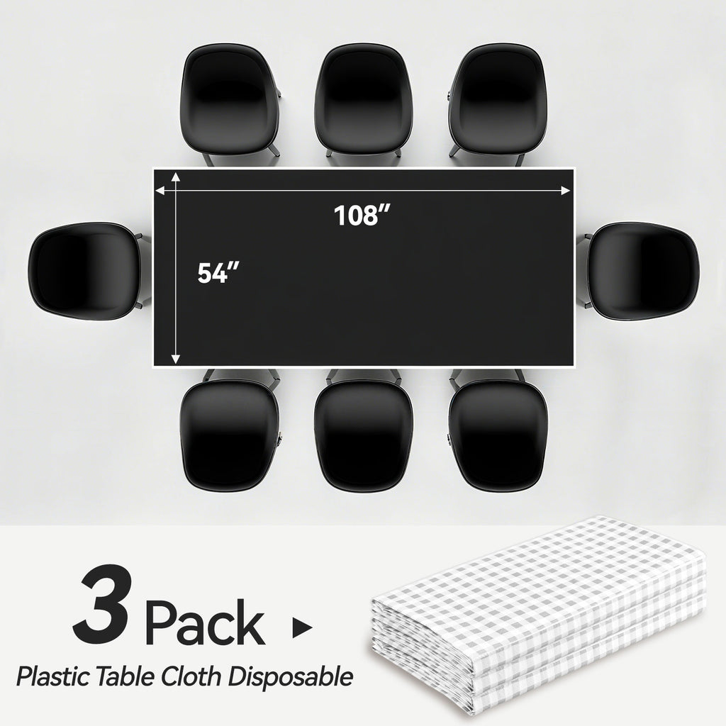 3 Piece Silver Checkered Plastic Rectangular Tablecloth - Silver and white checkered pattern, 54 x 108 inches, perfect for weddings, birthday parties.