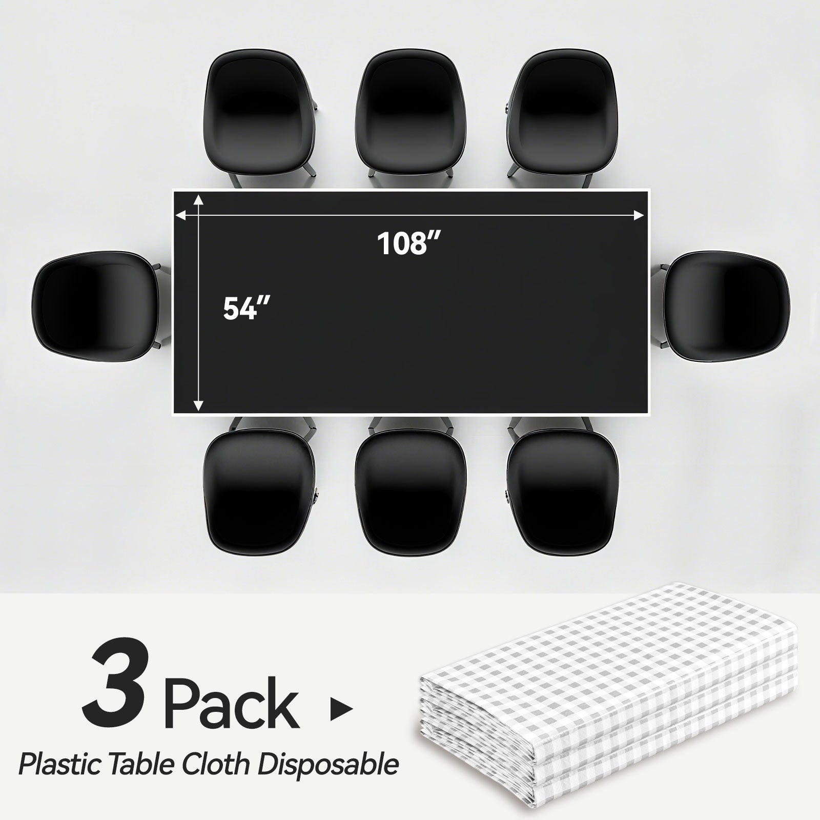 3 Piece Silver Checkered Plastic Rectangular Tablecloth - Silver and white checkered pattern, 54 x 108 inches, perfect for weddings, birthday parties.