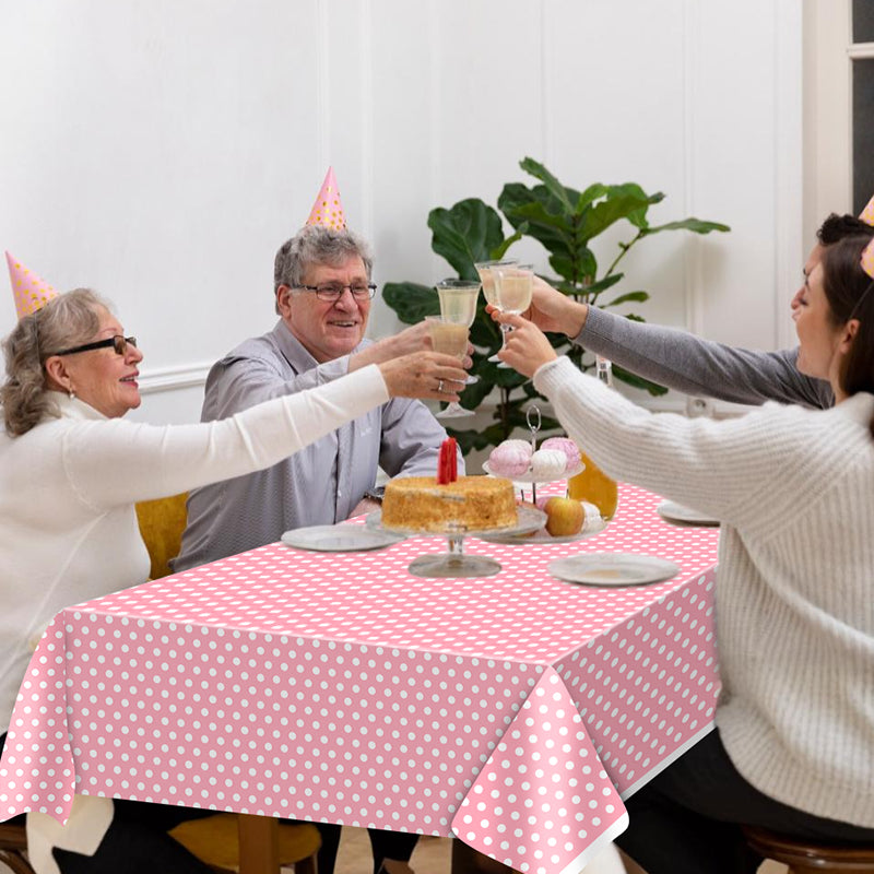 3 Pink Polka Dot Tablecloths – Disposable pink and white plastic tablecloths, perfect for outdoor picnics, birthday parties, gender reveal parties, and bridal shower party decorations.