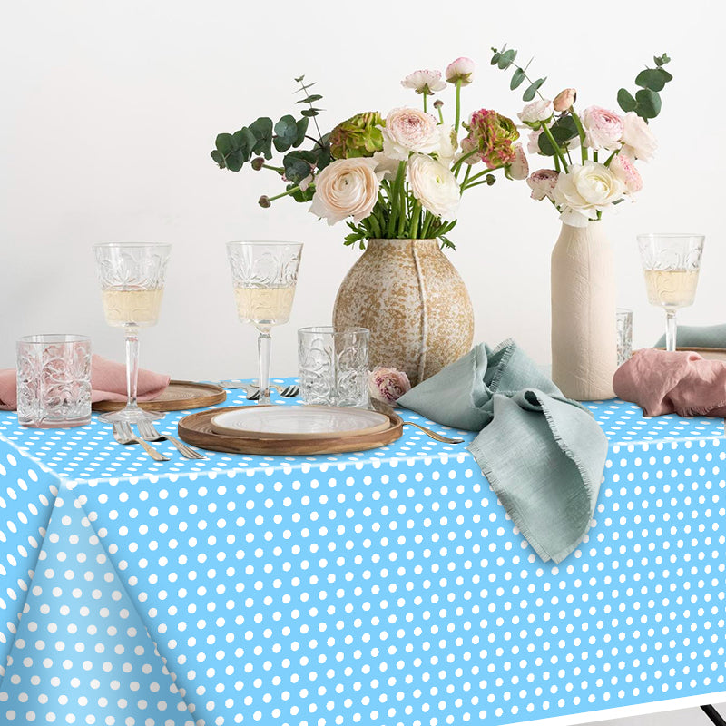 3 Piece Blue Polka Dot Tablecloth - Disposable plastic blue and white tablecloths, perfect for outdoor picnics, birthday parties, Mother's Day, bridal shower party decorations.