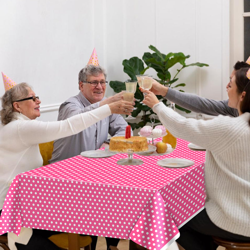 3 Piece Rose Pink Polka Dot Tablecloth - Disposable plastic rose pink and white tablecloths, suitable for outdoor picnics, birthdays, Mother's Day, gender reveal parties, bridal shower party decorations.