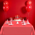 3 Piece Red Polka Dot Tablecloth - Disposable plastic red and white tablecloths, perfect for outdoor picnics, birthdays, Mother's Day, Christmas, bridal shower party decorations.