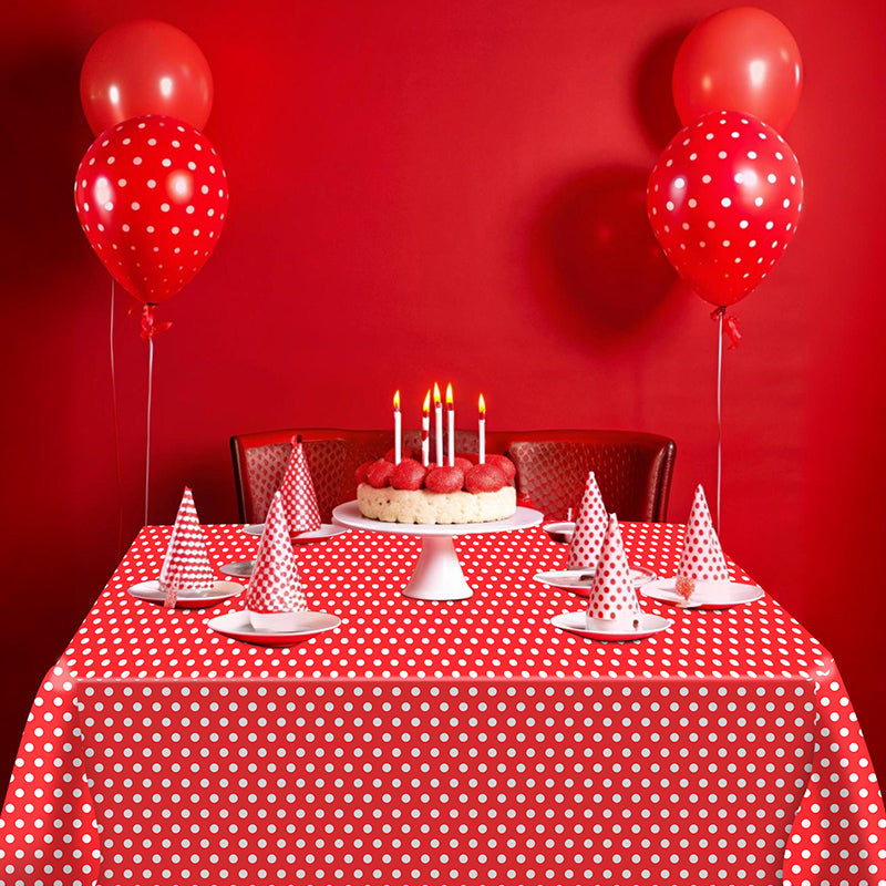 3 Piece Red Polka Dot Tablecloth - Disposable plastic red and white tablecloths, perfect for outdoor picnics, birthdays, Mother's Day, Christmas, bridal shower party decorations.