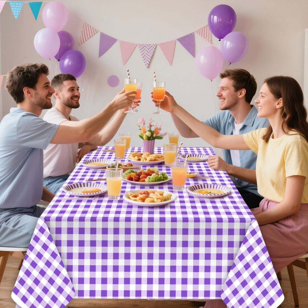 3 Piece Purple Checkered Tablecloth for Picnics, Disposable Plastic Tablecloths Suitable for Indoor and Outdoor Use, Birthdays, Father's Day, Picnic Party Supplies